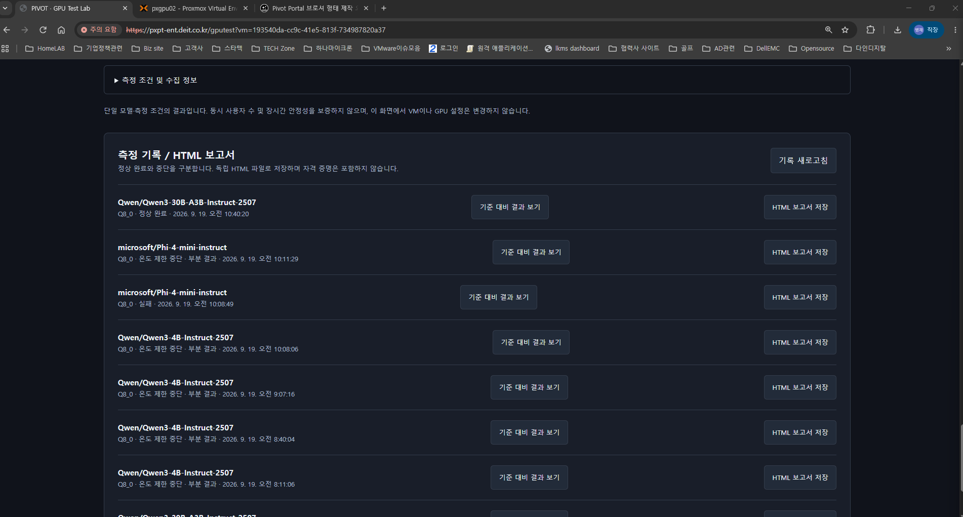 완료·중단·실패를 구분하는 보고서 — PIVOT GPU Test Lab 제공 화면
